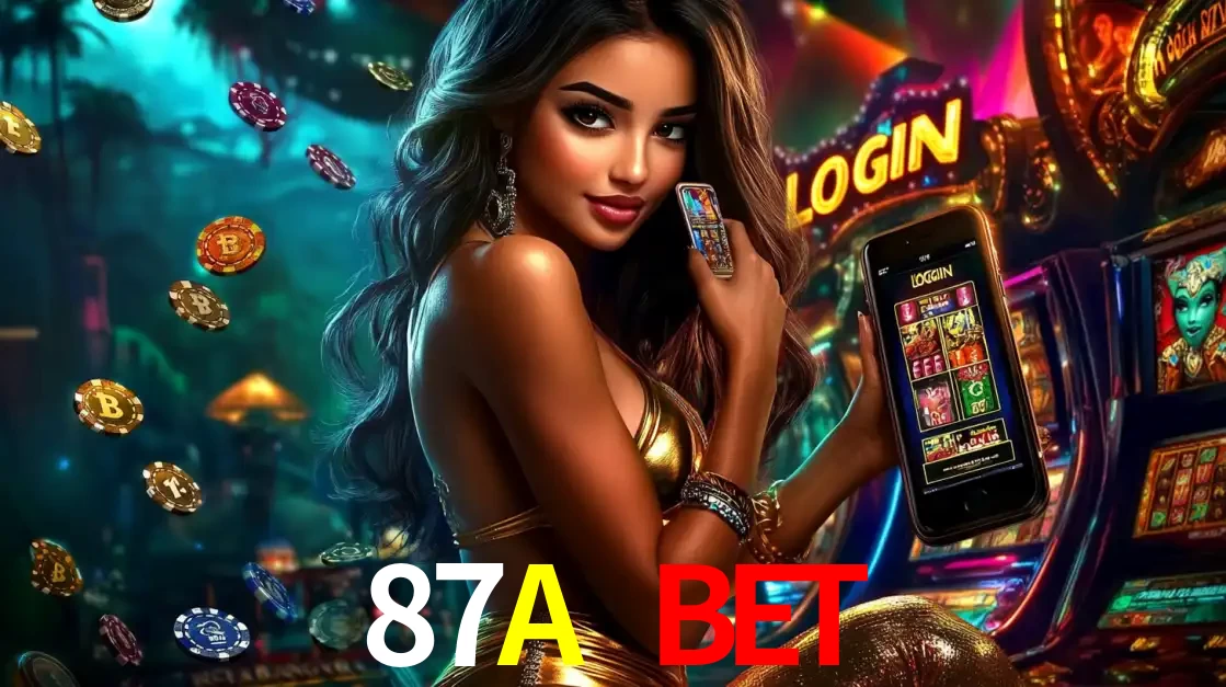 Mulher em um cenário de cassino temático de aventura, mostrando o app de caça-níqueis da 87A BET no celular. Fichas de apostas flutuam ao redor.