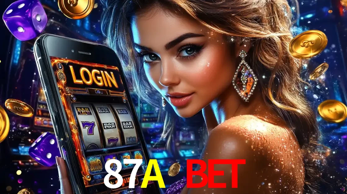 Mulher glamorosa segurando um smartphone com a tela de login para os jogos de caça-níqueis do cassino online 87A BET, com moedas de ouro e dados ao redor.