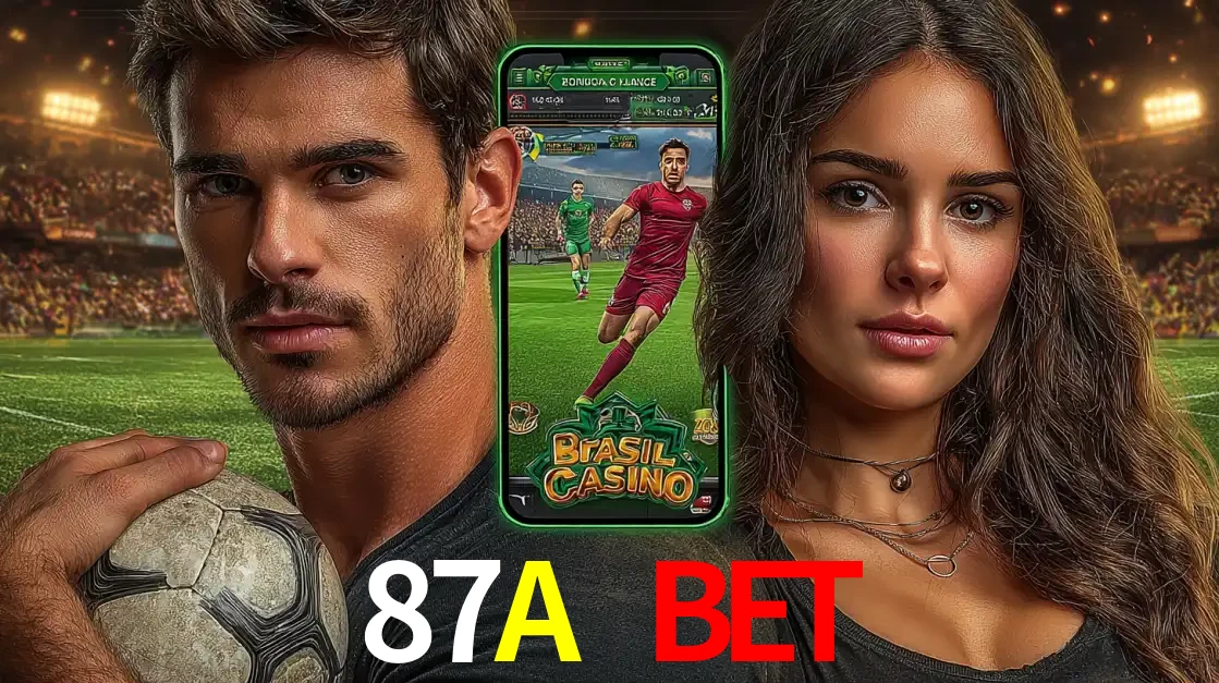Homem segurando uma bola de futebol e uma mulher ao lado de um smartphone exibindo o jogo de apostas esportivas da 87A BET. Faça seu palpite no cassino online.